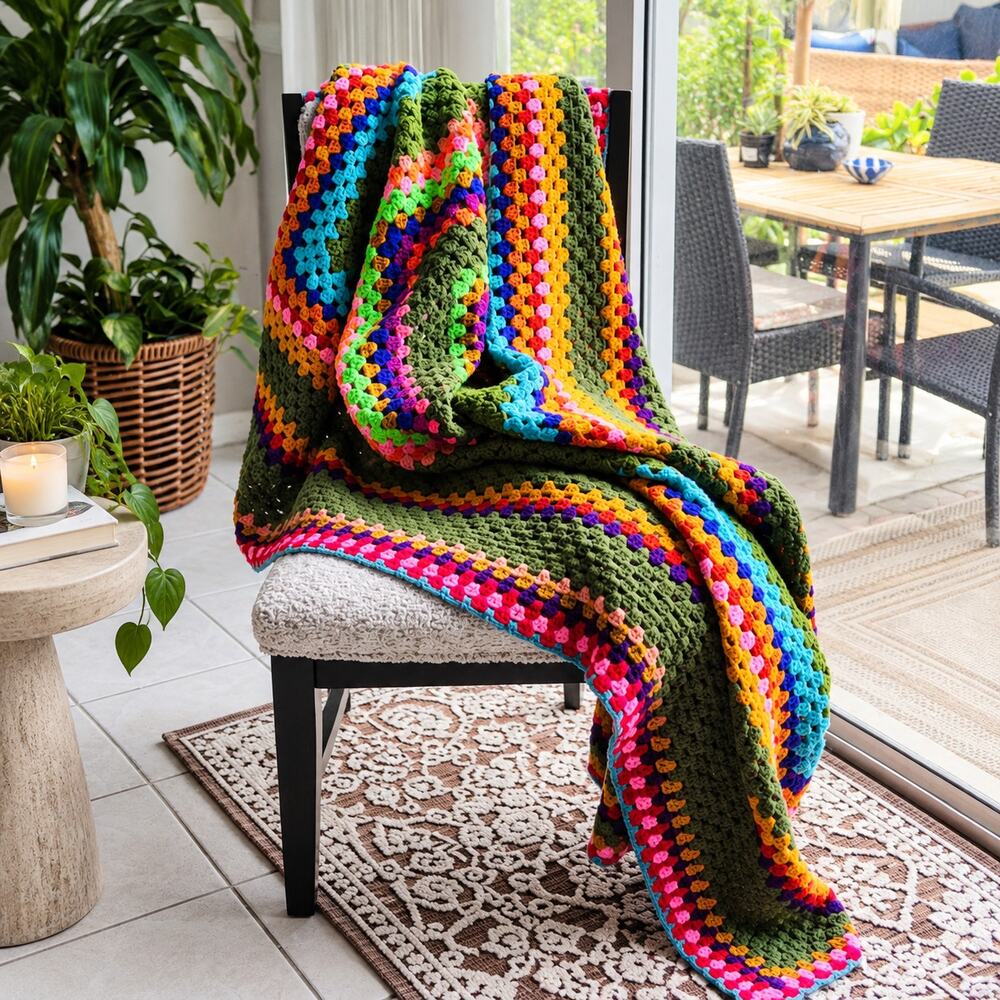 Handmade Crochet Afghan Blanket 80x75 Colorful Granny Stitch Boho Throw